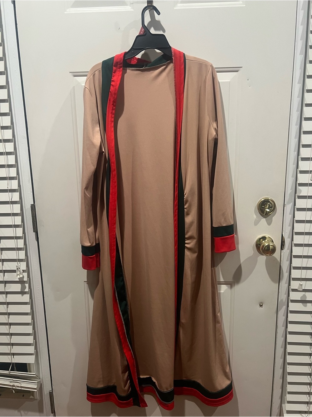Beige Long Open-Front Duster with Red & Dark Green Trim